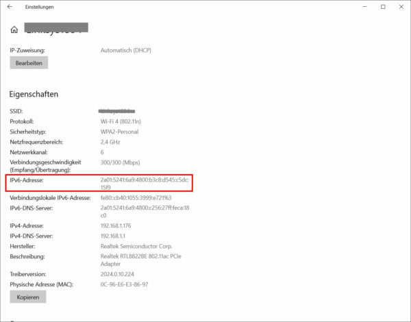 zugewiesene IPv6 Adresse anzeigen