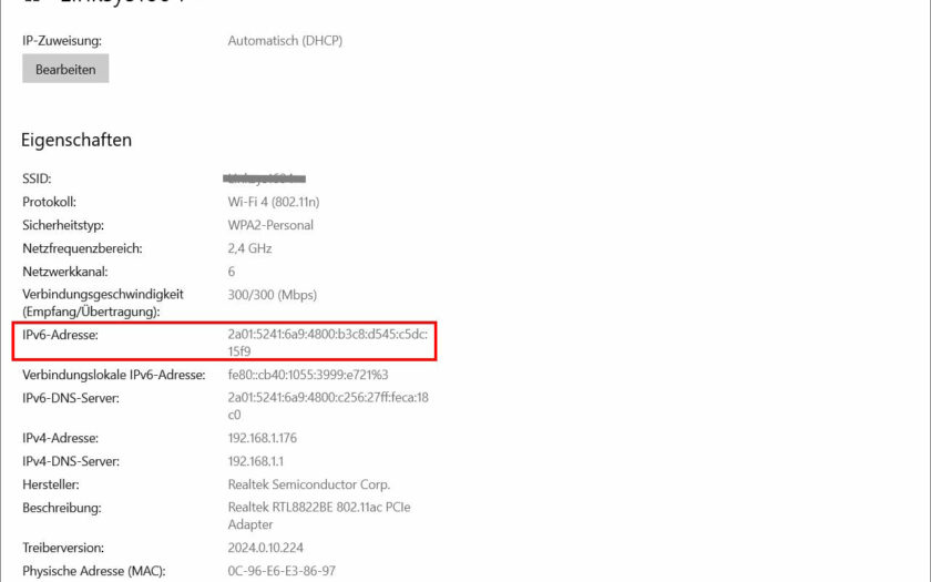 zugewiesene IPv6 Adresse anzeigen