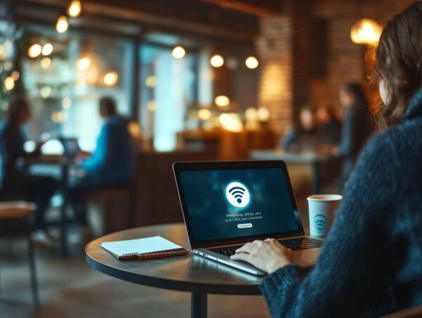 Person in einem Café nutzt Laptop mit VPN-Hinweis zur sicheren Nutzung von öffentlichem WLAN