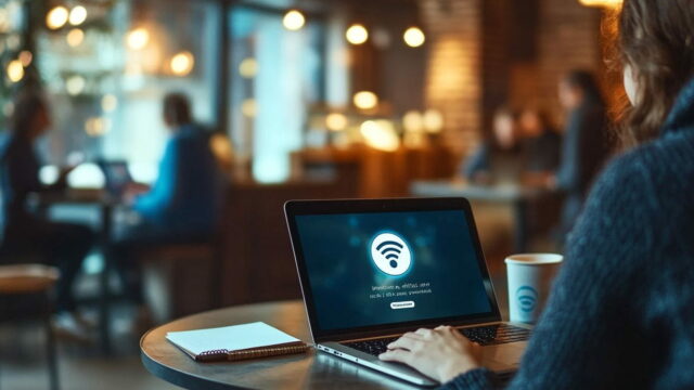 Person in einem Café nutzt Laptop mit VPN-Hinweis zur sicheren Nutzung von öffentlichem WLAN