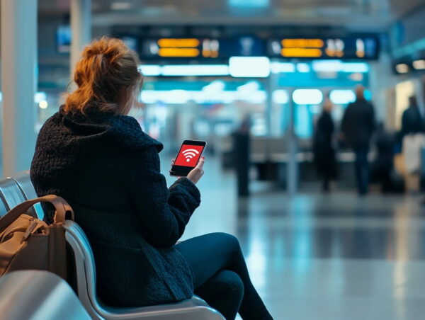 Smartphone zeigt Warnung zu unsicherem öffentlichem WLAN in einem belebten Flughafen