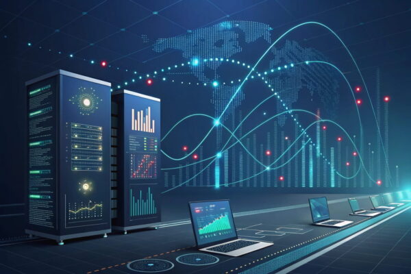 Visualisierung der Datensammlung und -verarbeitung durch KI mit digitalen Netzwerken und Informationen in einer futuristischen Darstellung.