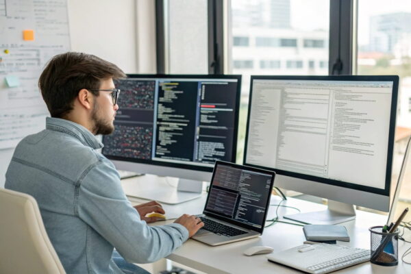 Entwickler nutzt Debugging-Techniken für sauberen und fehlerfreien Code in einer modernen Arbeitsumgebung.