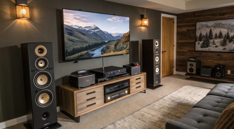 Modernes Heimkinosystem mit großem Bildschirm, Surround-Sound-Lautsprechern, AV-Receiver und Streaming-Geräten in einem gemütlichen Wohnzimmer.