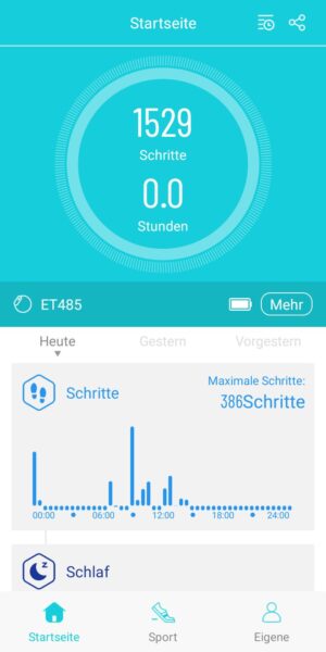 Screenshot der App zur Kardena CARE Pro 4 Plus mit Schrittezähler und Schlaftracking auf der Startseite.